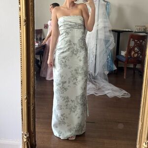 ALFRED SUNG Strapless Pale Green Floral Brocade Gown